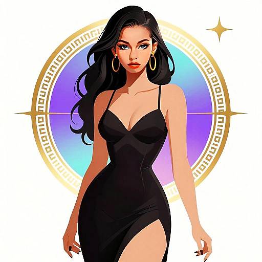 Digital Illustration of Woman in Black Dress with Gold Hoop Earrings