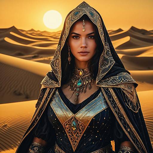 Regal Woman in Elaborate Black and Gold Desert Attire at Sunset