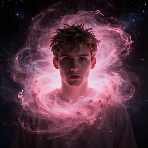 Young Man Surrounded by Pink Nebula Cosmic Digital Art