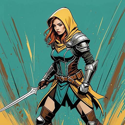 Woman Warrior in Armor with Sword Comic Illustration