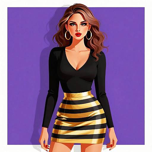 Stylish Woman in Gold and Black Striped Skirt Vector Illustration