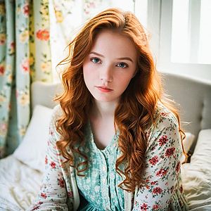 Thoughtful Young Woman with Red Hair in Cozy Setting