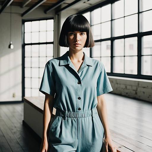 Young Woman in Light Blue Outfit Posing in Industrial Loft