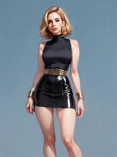 Stylish Woman in Black Sleeveless Top and Glossy Mini Skirt Full Body Shot
