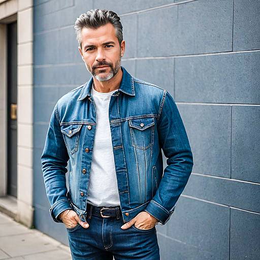 Confident Mature Man Wearing Denim Jacket and Jeans Outdoors