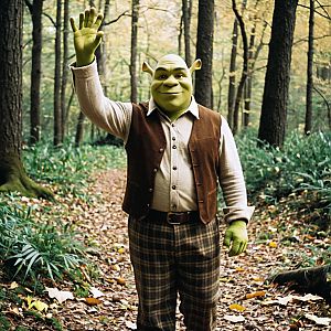 Green-Skinned Man in Forest Path