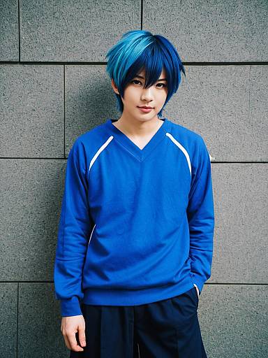 Aoyagi Touya Cosplay Portrait with Blue Hair and Casual Outfit
