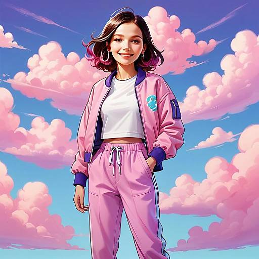 Stylish Young Woman in Pink Tracksuit with Vibrant Pink Cloud Background