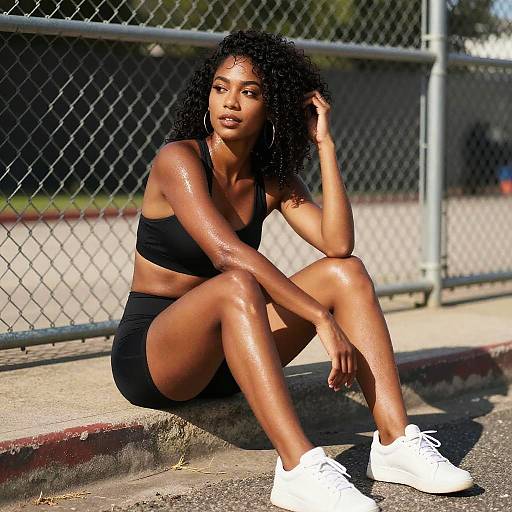 Sweaty Young Woman in Black Sports Apparel Resting on Curb Outdoor Workout