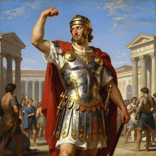 Roman Soldier in Ornate Armor with Red Cloak in Ancient Forum