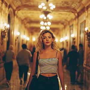 Confident Young Woman in Ornate Corridor