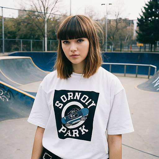Young Woman in White Graphic T-Shirt at Skate Park