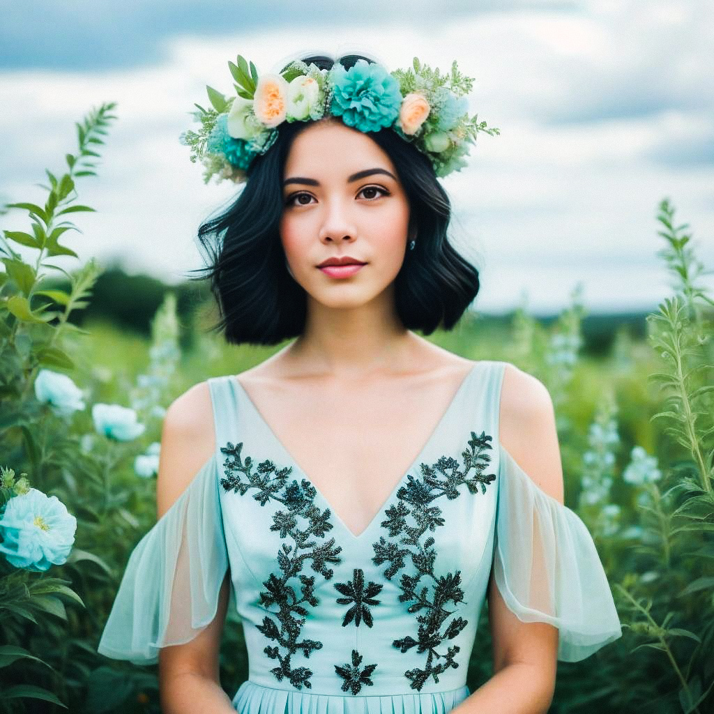 Young Woman in Blue Dress with Floral Wreath