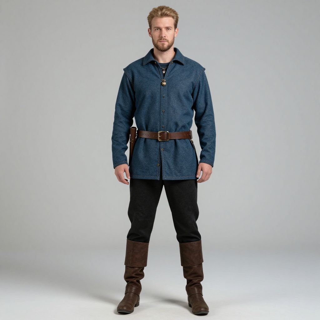 Medieval Style Man in Blue Tunic and Brown Boots
