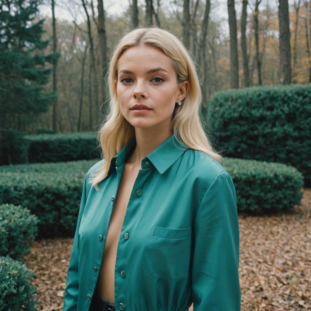 Elegant Woman in Bold Green Chanel Blouse Amid Autumn Colors