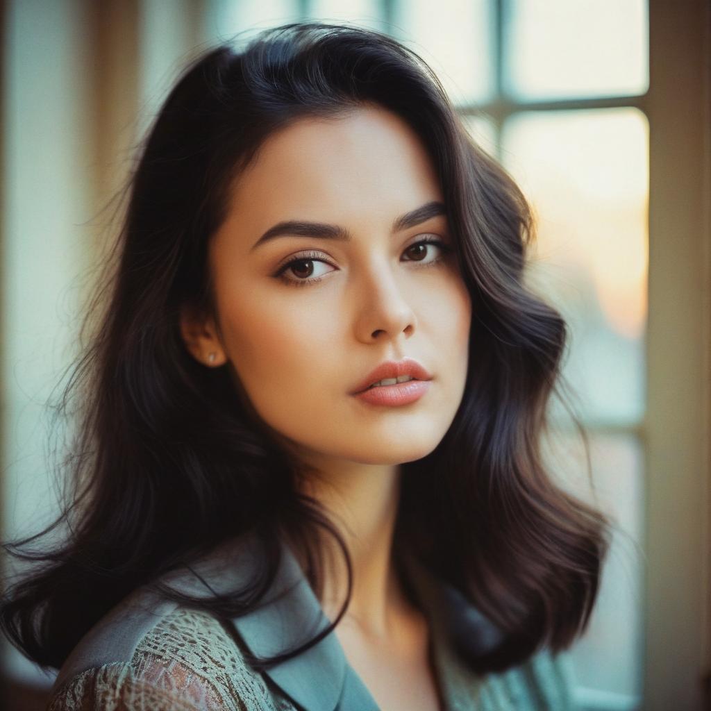 Portrait of a Young Woman with Dark Wavy Hair by Window