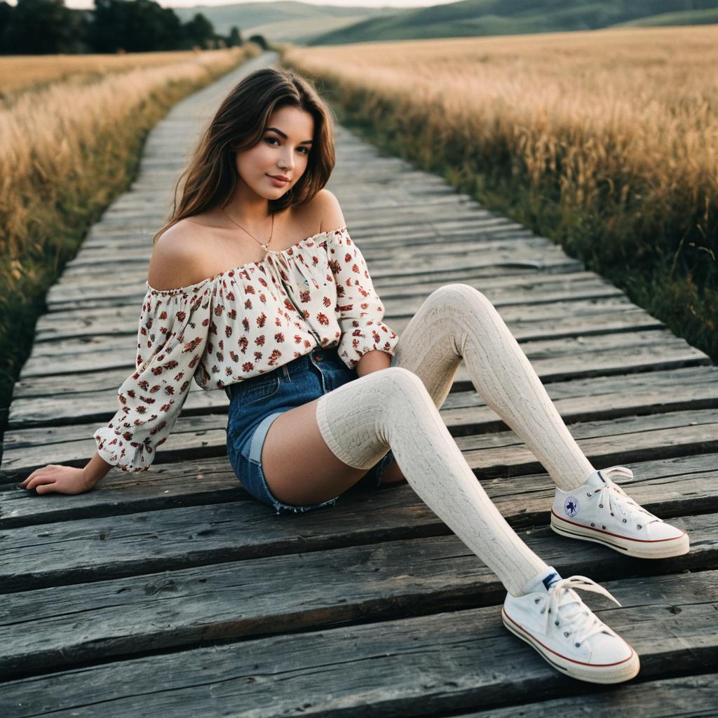 Young Woman Sitting on Wooden Boardwalk in Wheat Field Wearing Floral Blouse and Thigh-High Socks
