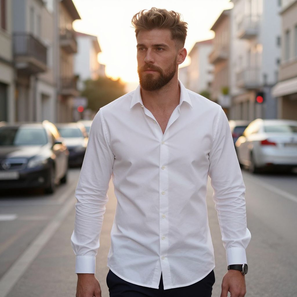 Man in White Shirt Walking on Urban Street at Sunset