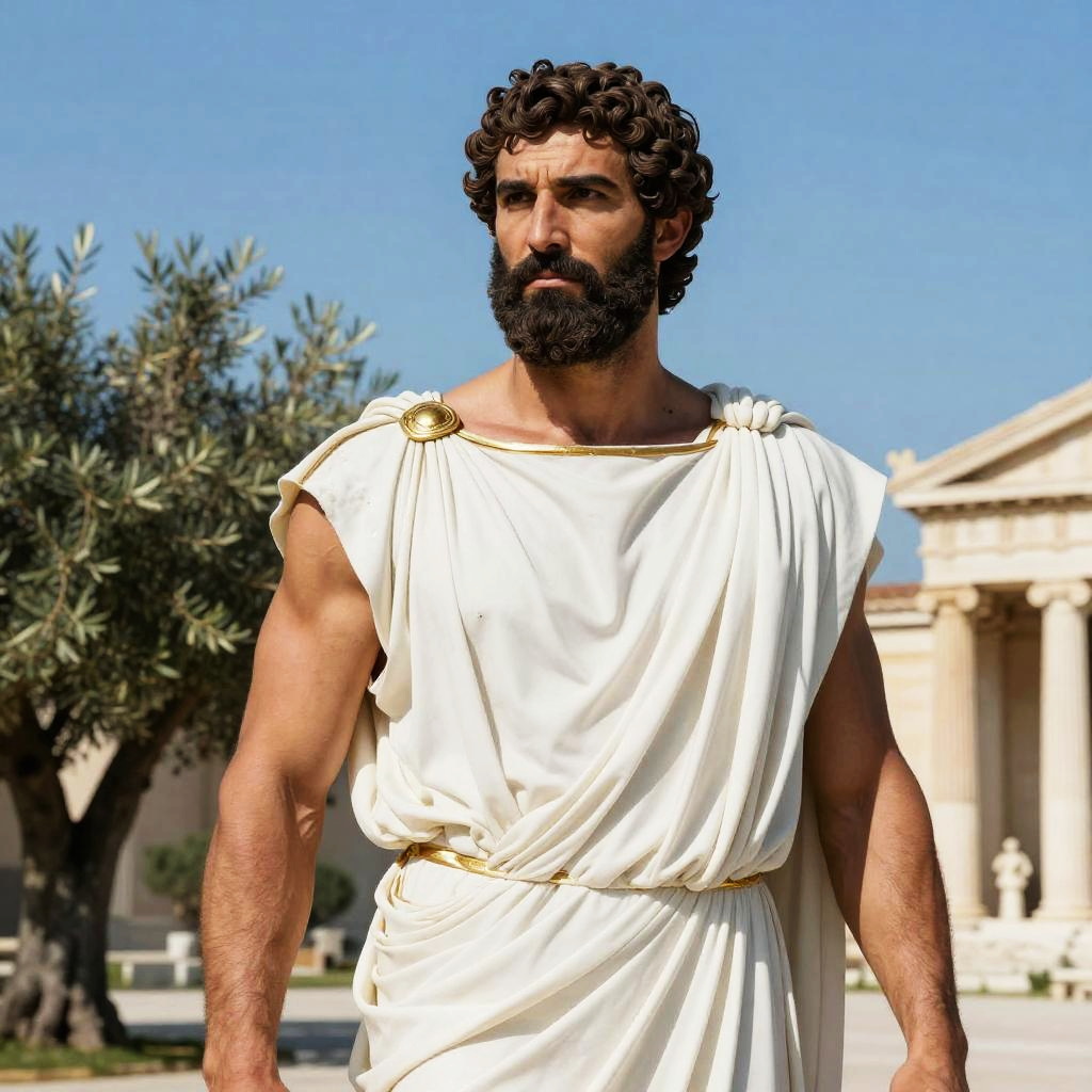 Ancient Greek Man in Traditional Toga with Classical Architecture Background