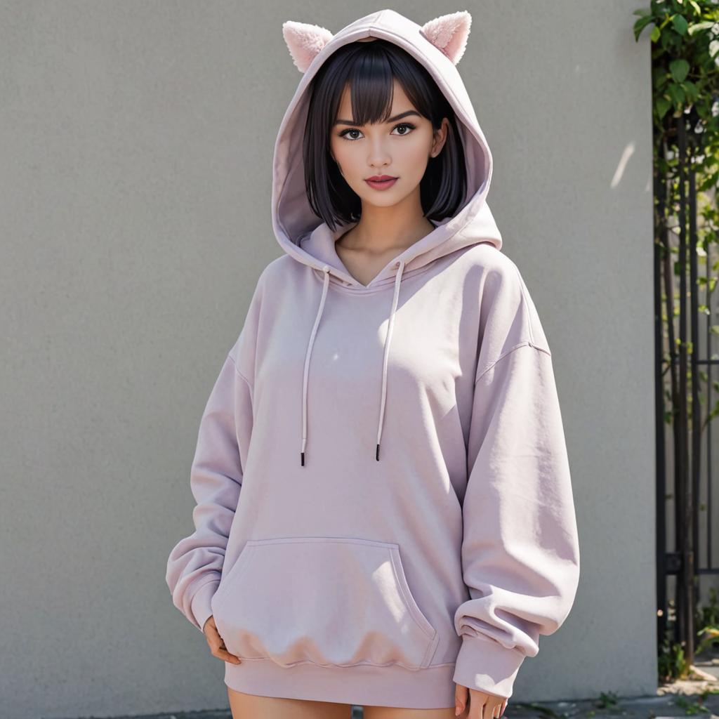 Anime Girl in Cozy Cat Ears Hoodie