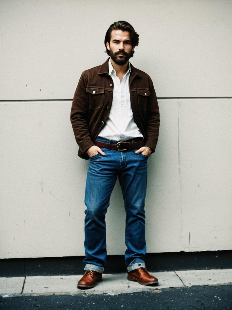 Man in Brown Jacket and Blue Jeans Streetwear Outfit