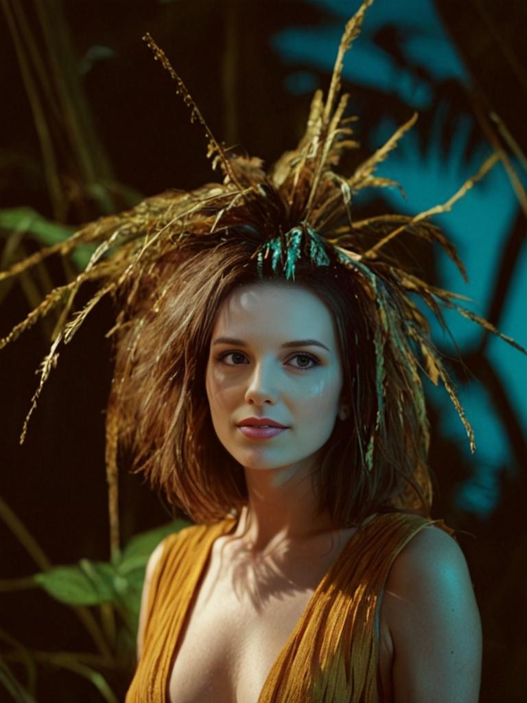 Woman with Feathered Headpiece in Nature