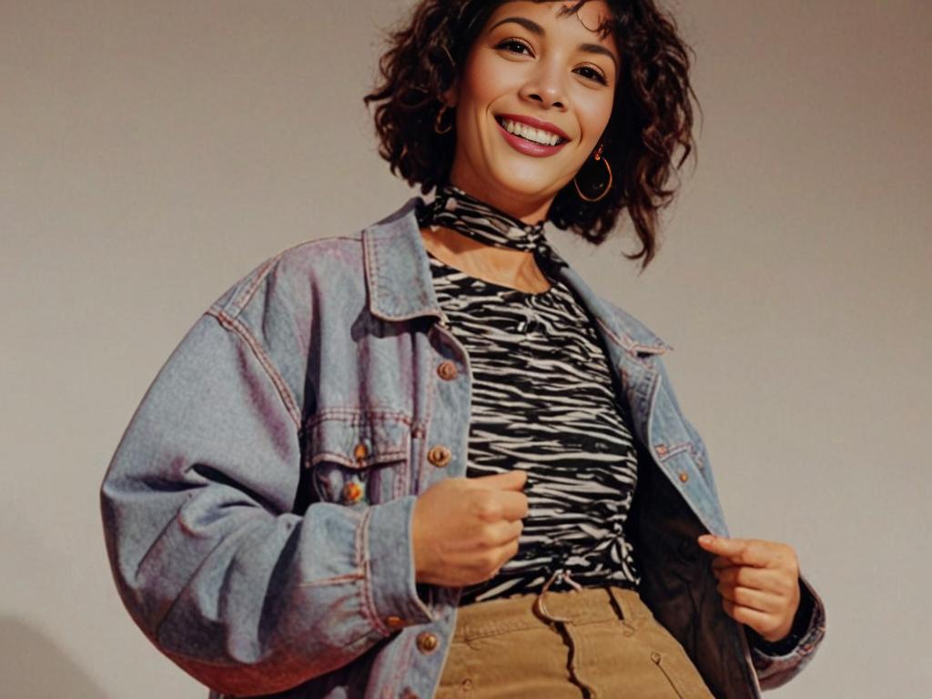 Cheerful Woman in Vintage Denim and Zebra Print