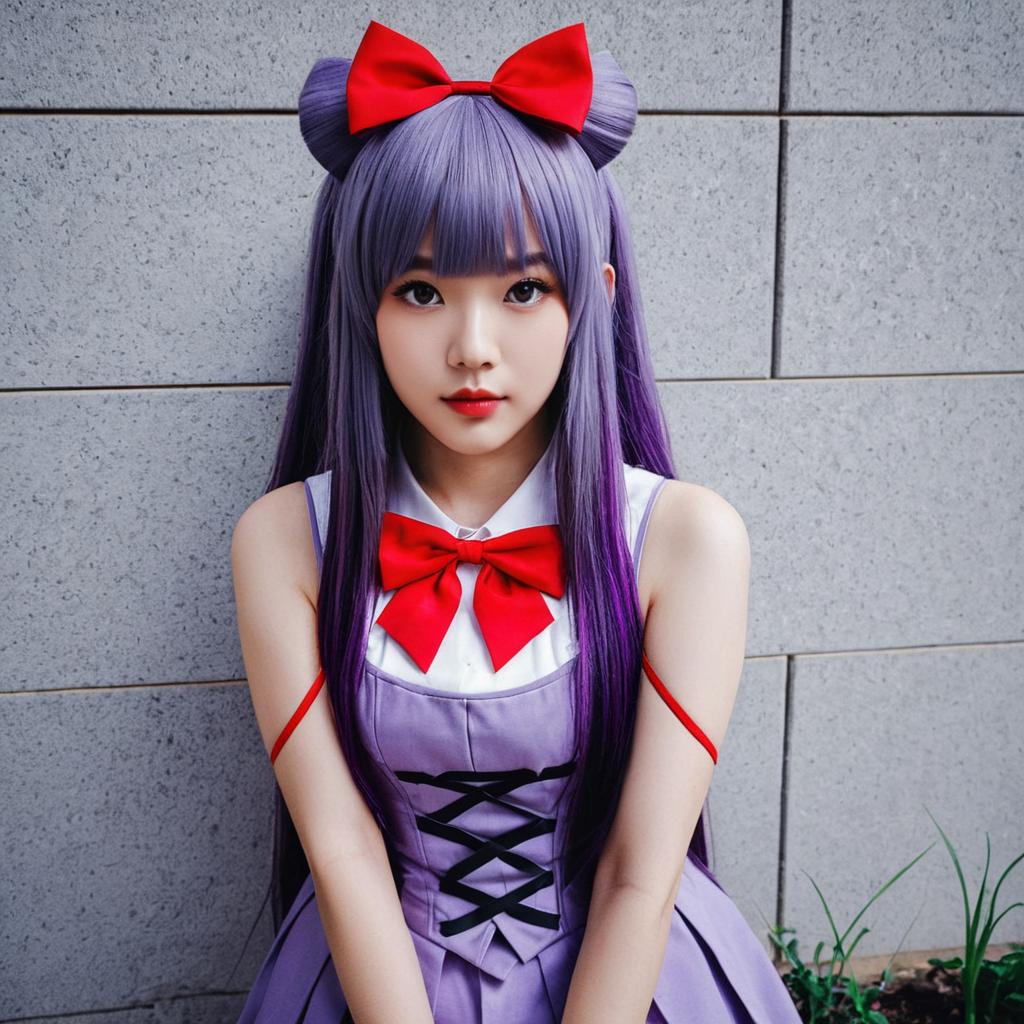 Anime Cosplay Woman with Purple Hair and Red Bows in Detailed Outfit