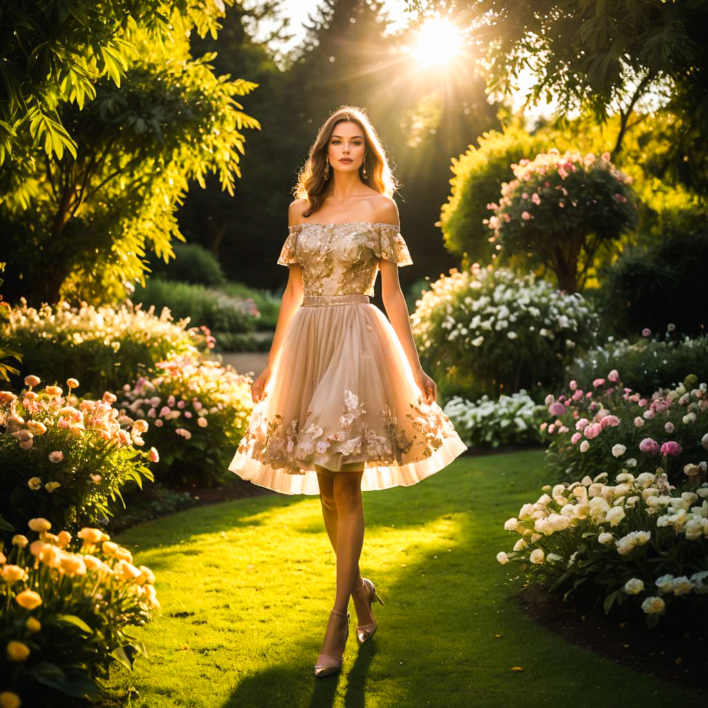 Elegant Woman in Off-the-Shoulder Dress in Vibrant Garden