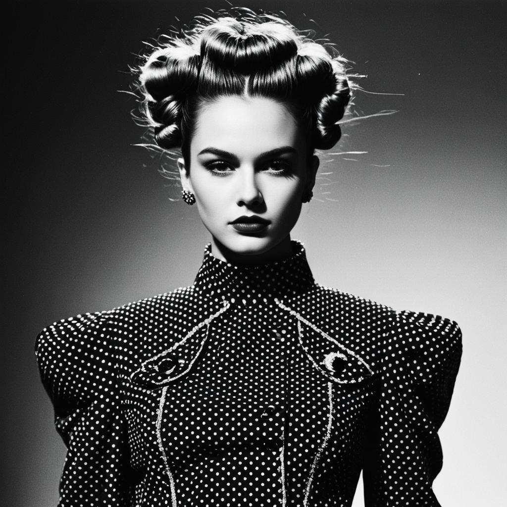 Vintage Hollywood Glamour Woman Black and White Portrait with Polka Dot Dress