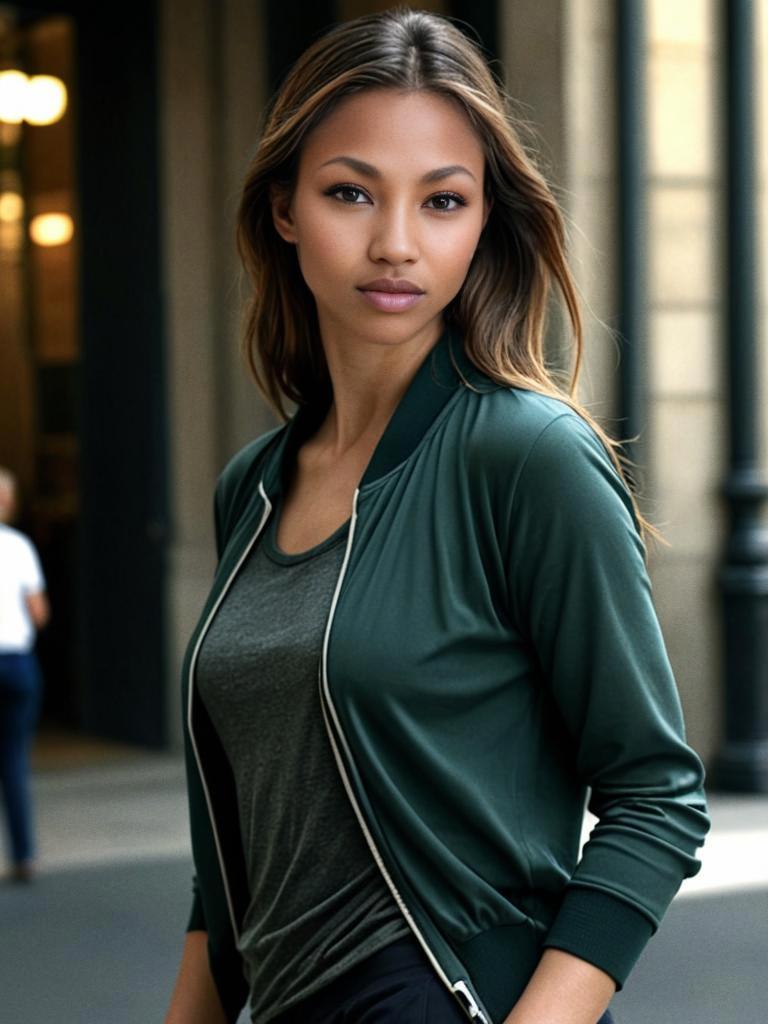 Stylish Woman in Green Bomber Jacket on City Street