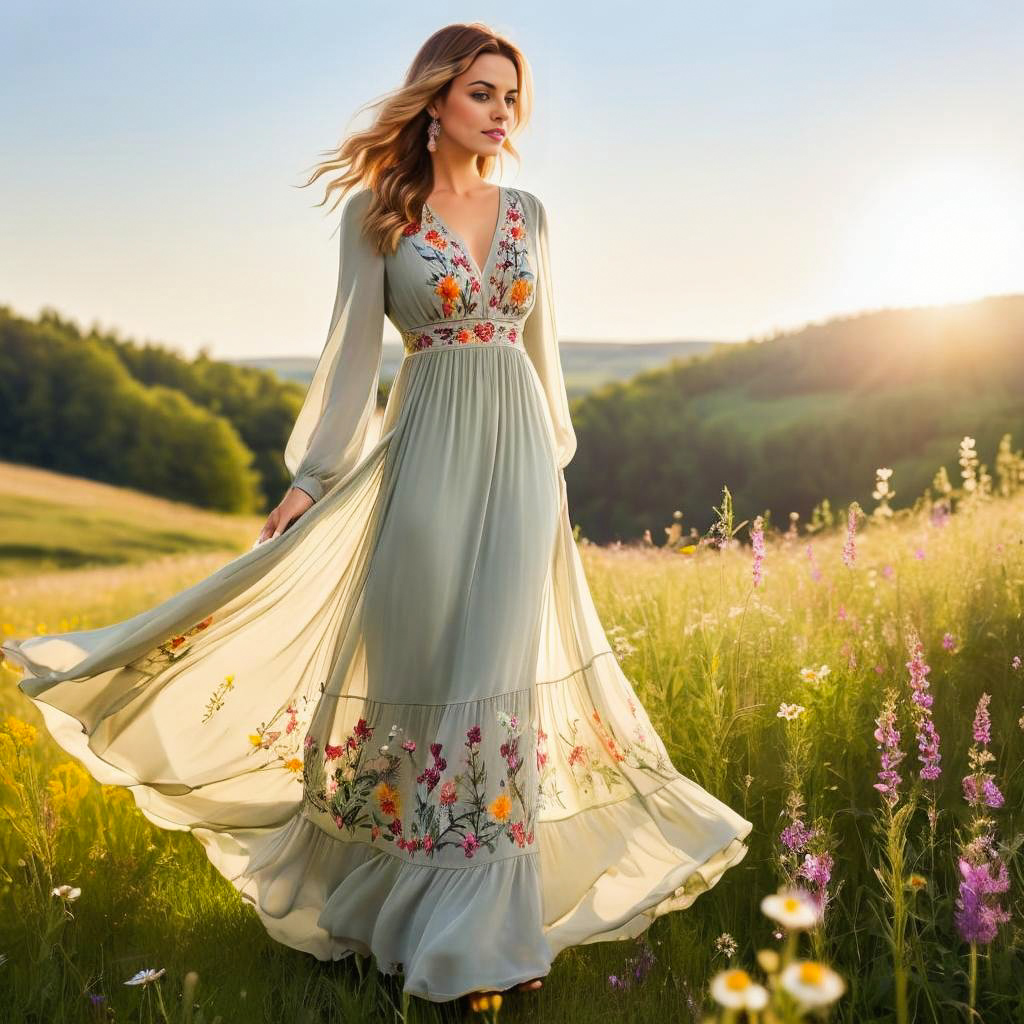 Woman in Pastel Gown in Sunlit Wildflower Field