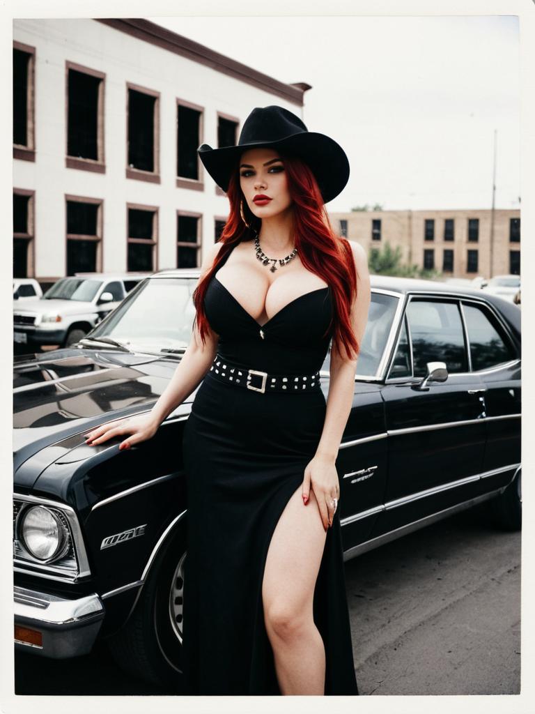 Glamorous Woman in Black Dress and Cowboy Hat with Vintage Dodge Car