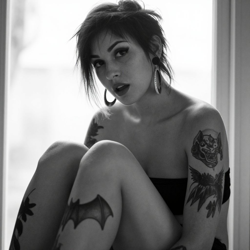 Black and White Portrait of Tattooed Woman with Hoop Earrings