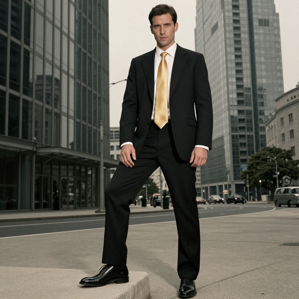 Confident Businessman in Black Suit with Gold Tie on City Street