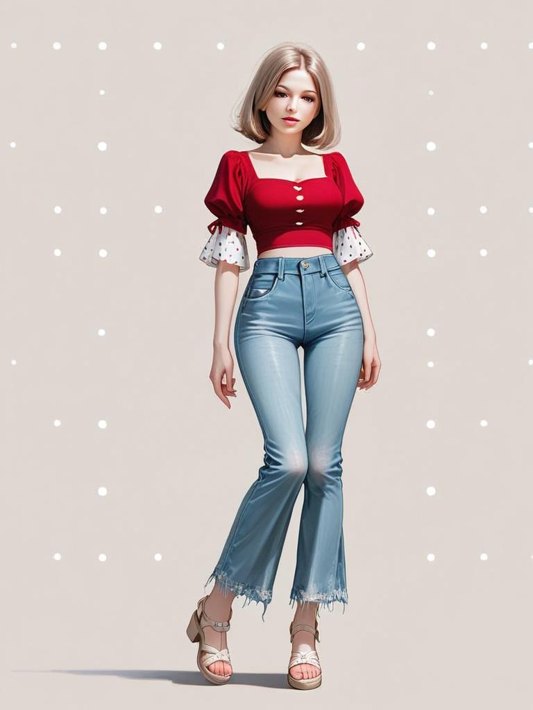 Realistic Digital Illustration of Woman in Casual Street Style Red Crop Top and Flared Jeans