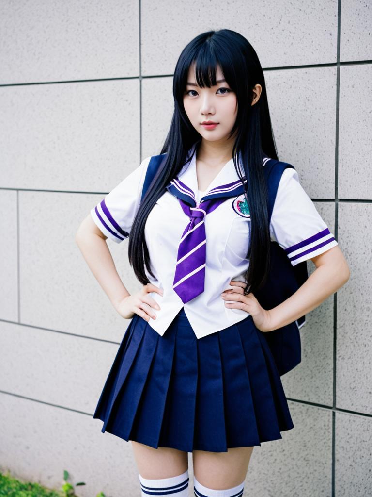 Japanese Schoolgirl in Anime-Inspired Uniform with Purple Accents