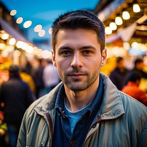 Young Man in Outdoor Market at Dusk