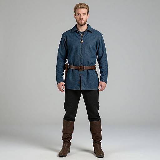 Medieval Style Man in Blue Tunic and Brown Boots