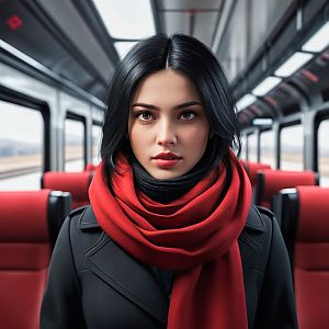 Young Woman in Modern Train with Red Scarf