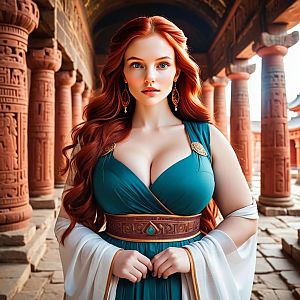 Red-haired woman in teal gown in ancient stone corridor