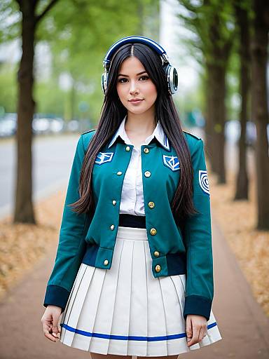 Realistic Blue Archive Cosplay Woman Wearing Headphones in Park