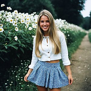 Smiling Woman on Flower Path in Spring