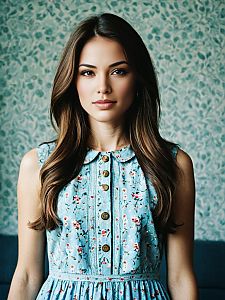 Portrait of Young Woman in Blue Floral Dress with Vintage Background