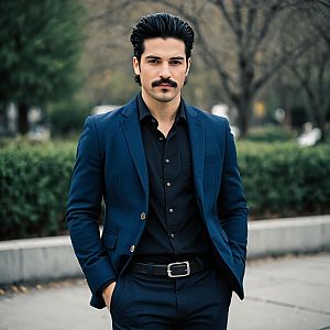 Man in Navy Suit with Black Shirt Outdoors - Stylish Formal Portrait