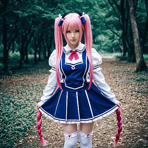 Amahane Madoka Anime Style Cosplay in Japanese Schoolgirl Outfit with Pink Twin-Tails