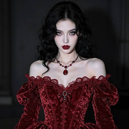 Woman in Elegant Red Velvet Victorian Style Gown with Red Gemstone Necklace