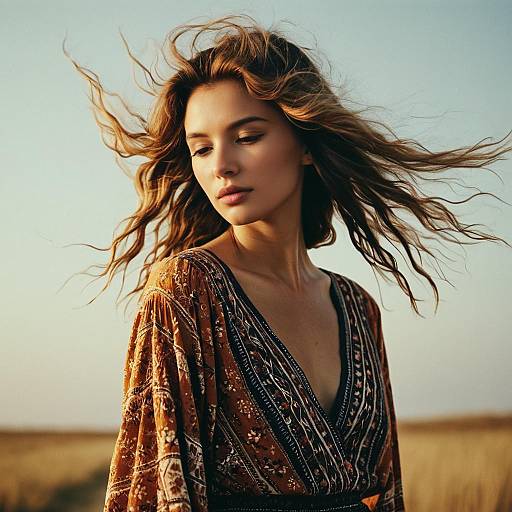 Young Woman in Bohemian Dress in Sunlit Field