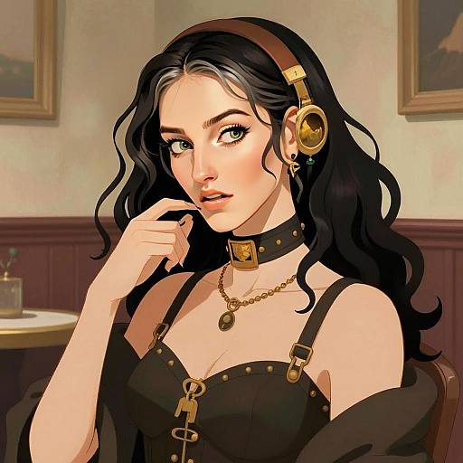 Stylish Woman Wearing Gold Headphones and Black Corset Digital Art