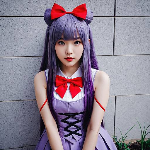 Anime Cosplay Woman with Purple Hair and Red Bows in Detailed Outfit